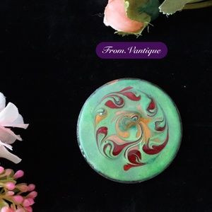 🟢 VINTAGE Copper Circle Plate with Green Painting Brooch / Scarf Pin